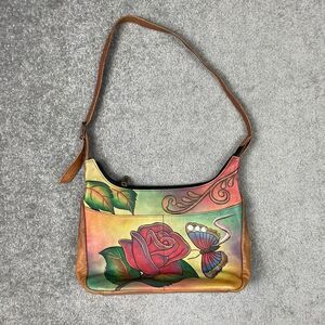 ANUSCHKA Shoulder Bag Purse Leather Hand-Painted Butterfly Floral Print Brown